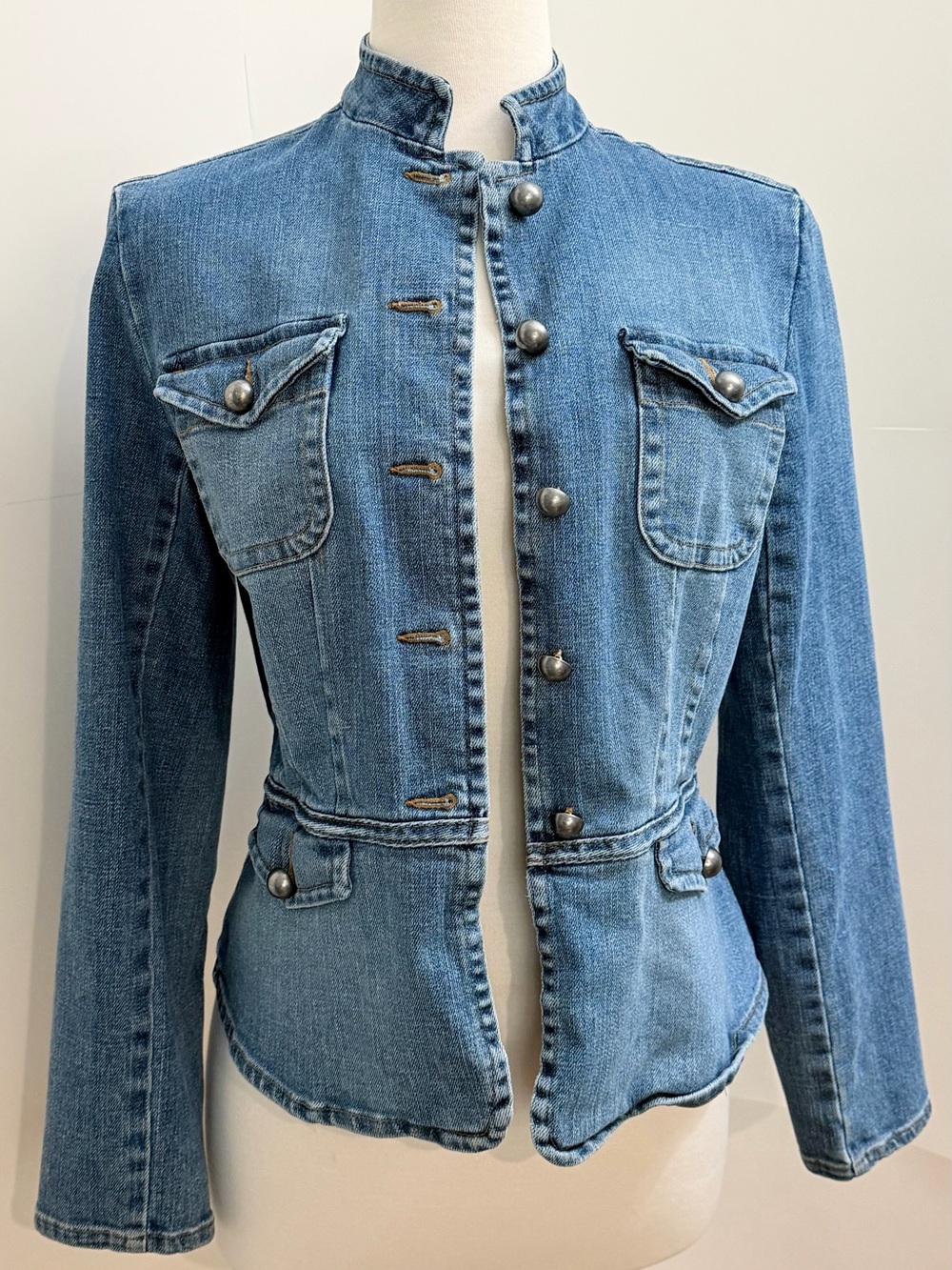 Talbots Petite Denim Peplum Jacket Mandarin Collar 10P NWOT